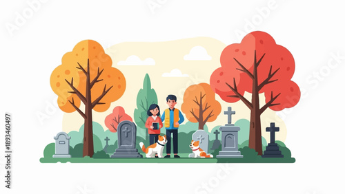 Couple with dogs visit graves in a tranquil autumn cemetery