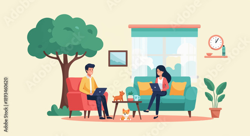 Couple working remotely with pets in a cozy, plant-filled living room