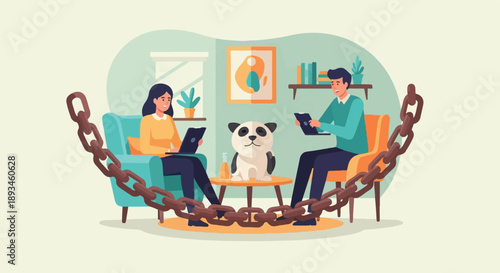 Couple with panda, tethered by chains, work on laptops indoors