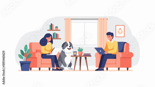 Couple working remotely with dog on sofa, cozy home office setting