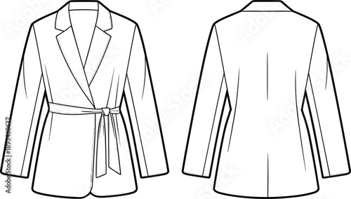 Women blazer jacket, cad drawing, flat vector illustration, technical fashion coat front back view outline garment template production