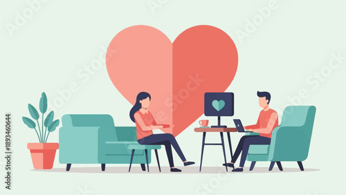 Couple working together at home, hearts symbolizing love and connection