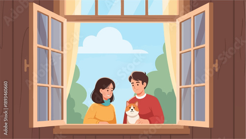 Couple with pet looking out open window at nature on a sunny day