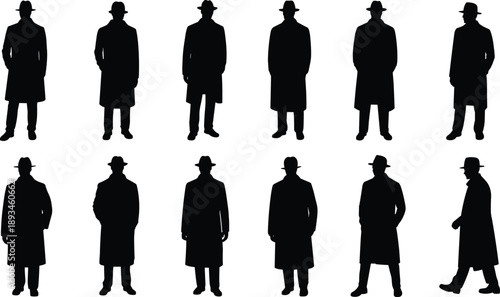 Detective male silhouettes collection men wearing coat and hat standing poses mystery noir isolated black flat vector illustration