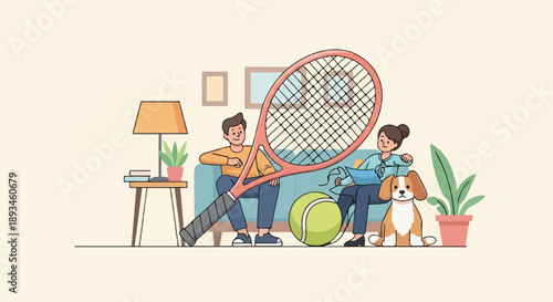 Couple with tennis racket and dog relax on couch at home