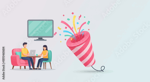 Couple working together, celebrating success with confetti popper and monitor