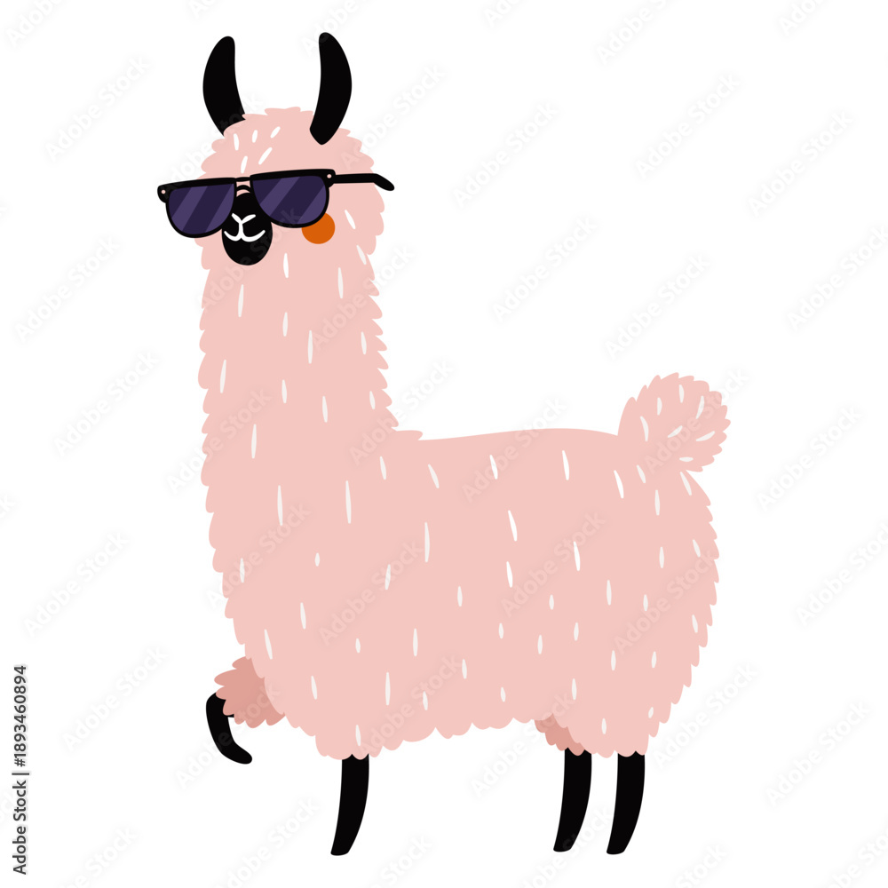 Fototapeta premium Flat vector illustration in a simple children's style. A cute pink llama wearing sunglasses. Vector illustration