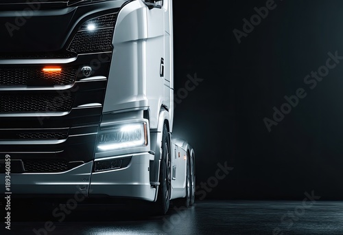 Side view of a large, modern semi-truck against a dark background, highlighting its design