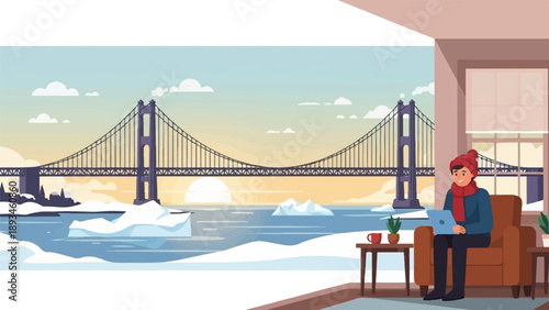 Cozy person with laptop overlooks winter bridge scene with icebergs