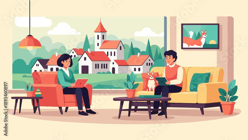 Cozy home scene with couple working on laptops and small dog, village outside