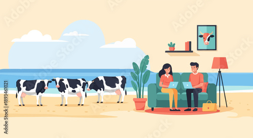 Cows graze by ocean while people work on laptops indoors on a couch