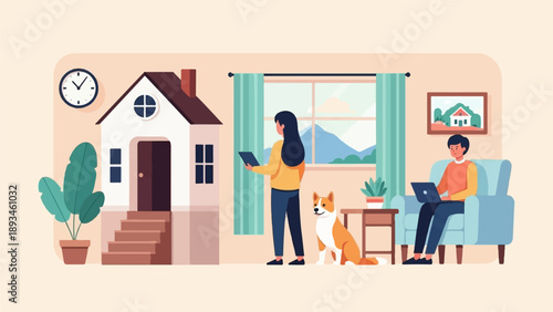Cozy home scene with people and dog working and relaxing
