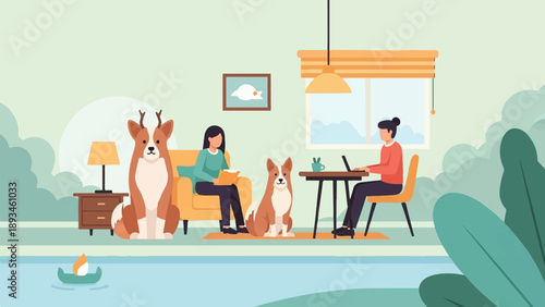 Cozy home scene with people and dogs, people work and relax, outside is nature
