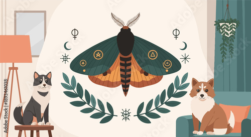 Cozy interior scene with two dogs, a large moth, and mystical symbols