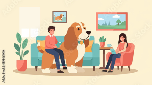 Cozy home scene with people and large dog, flat illustration style