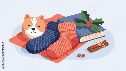 Cozy reading nook with dog, warm socks, book, and festive decorations