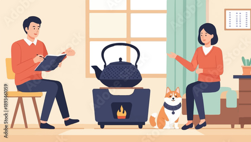 Cozy home scene with people, dog, and kettle heating by fire