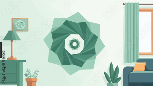 Cozy room interior with abstract geometric art and window view