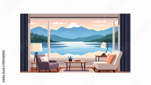 Cozy room interior overlooking serene lake and mountains