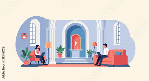 Cozy interior scene with two people working on laptops and a religious altar