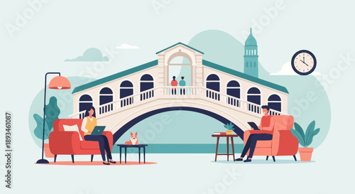 Cozy remote work setup beside a scenic bridge and tower