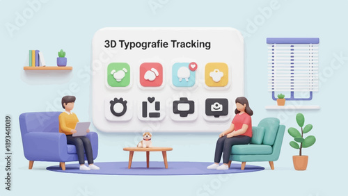 Cozy interior scene with two people, dog, and app icons