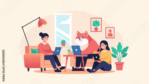Cozy interior scene with two women and a dog working on laptops