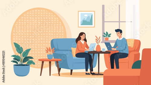 Wallpaper Mural Cozy home scene with two people working on laptops in armchairs Torontodigital.ca