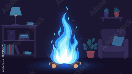 Cozy room with a bright blue campfire, bookshelf, armchair, and plants