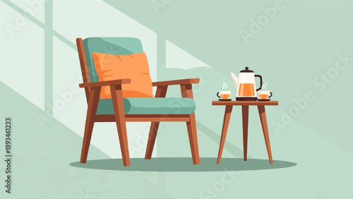 Cozy room with armchair, side table, teapot, and two cups of hot beverage