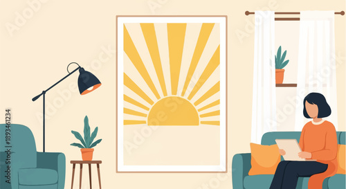 Cozy interior with a person reading and a sunburst artwork