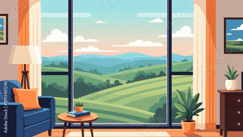 Cozy interior with a large window showcasing rolling green hills at sunset