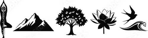 Nature, yoga, mountain, tree, lotus, bird, wave, silhouette icons, mindfulness, wellness, meditation, tranquility, outdoor, peaceful, spiritual, harmony, balance, calm, environment, serenity