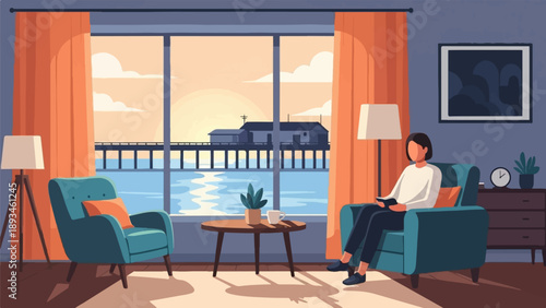 Cozy interior with a person reading by a pier view at sunset