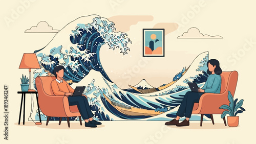 Cozy home scene with people working remotely amidst a stylized ocean wave