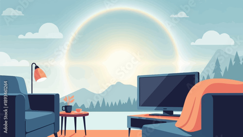 Cozy interior with a rainbow arc over mountains and a bright sun