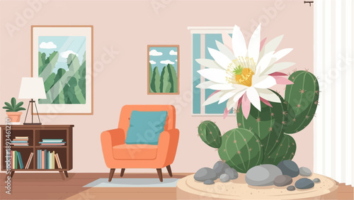 Cozy room with blooming cactus and landscape art