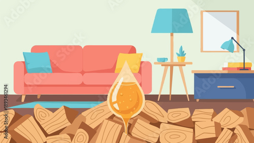 Cozy room with fireplace logs, furniture, and a droplet of amber liquid