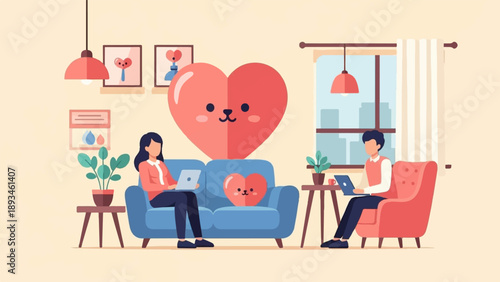 Cozy room with two people working on laptops next to heart decor
