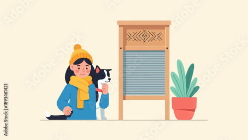 Cozy scene of a girl and her dog by a washboard and plant