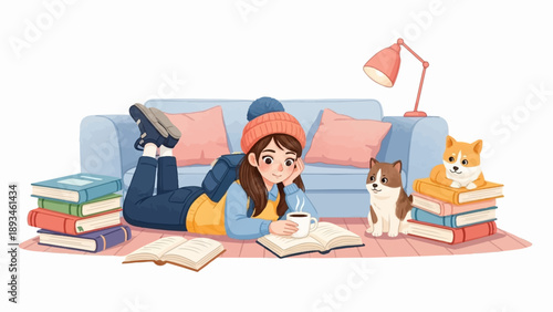 Cozy scene of a person with two dogs, reading books and drinking coffee