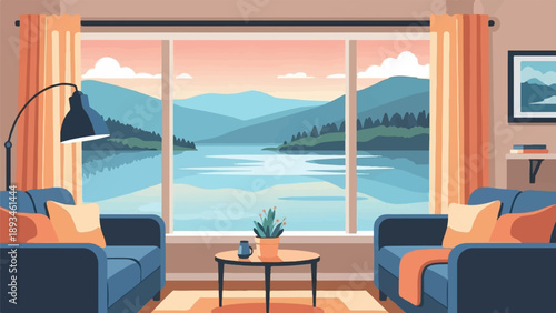 Cozy living room with large window overlooking serene lake and mountains
