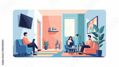 Cozy interior with people working remotely on laptops