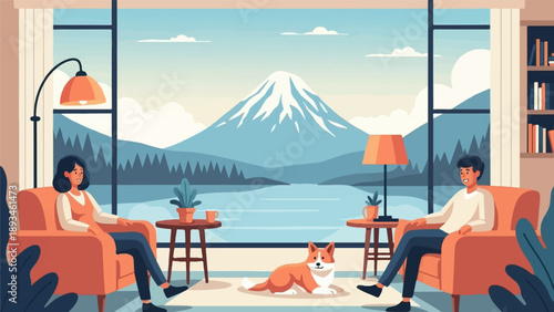 Cozy living room with large window view of snow-capped mountain and lake