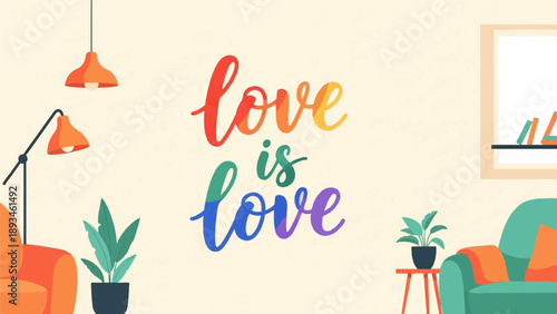 Cozy interior with rainbow text art celebrating diversity and inclusion