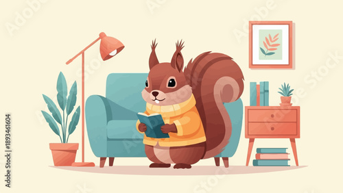 Cozy squirrel in sweater reading book on sofa with plant, lamp, and furniture