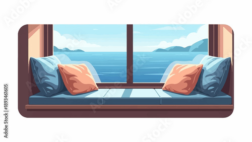 Cozy window seat with ocean view and cushions