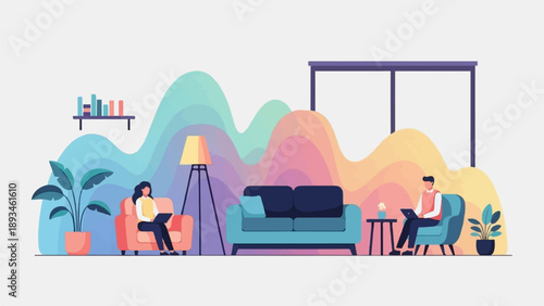 Cozy living room with people working remotely, vibrant background