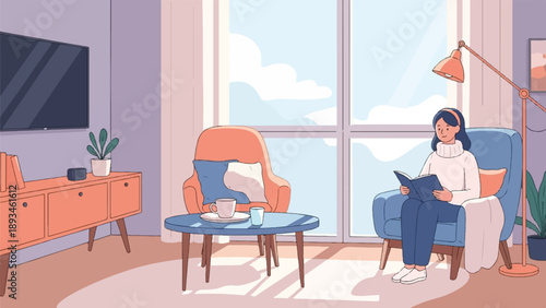 Cozy living room with person reading by large window and TV