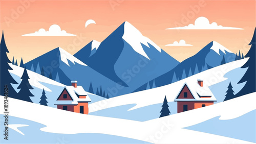 Cozy winter cabins nestled in snowy mountains under a pastel sky